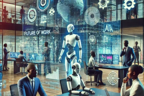 DALL·E 2024-08-20 15.09.13 - A futuristic and dynamic scene representing the evolving future of work, featuring Nigerian professionals collaborating with advanced technology such